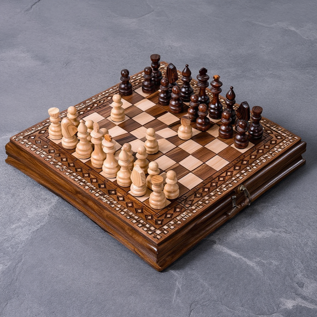 Échiquier en Bois de Hêtre et Noyer avec Pièces Sculptées | Élégant pour Passionnés d'Échecs