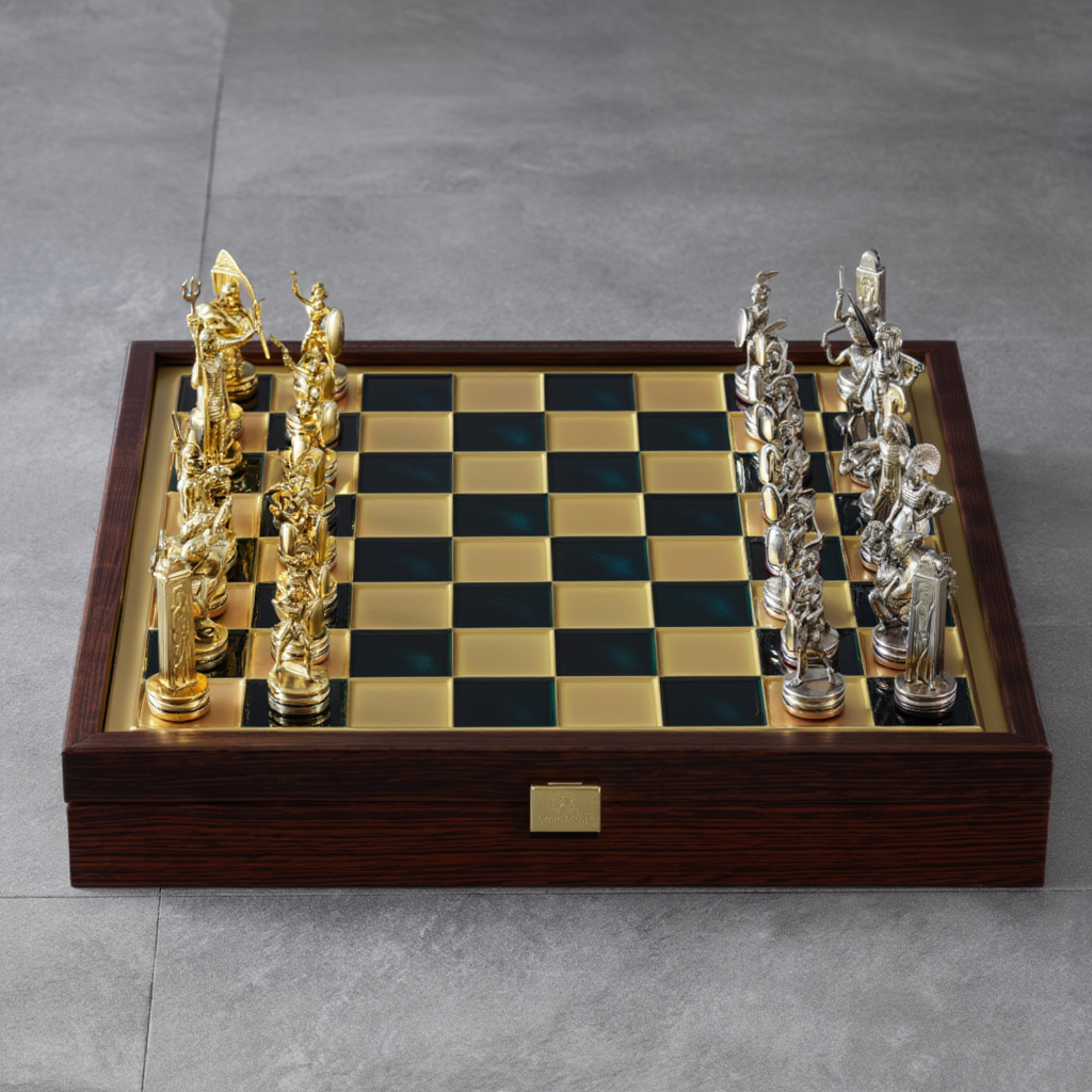 Jeu d'Échecs en Laiton avec Échiquier - Mythologie Grecque, 32 pièces