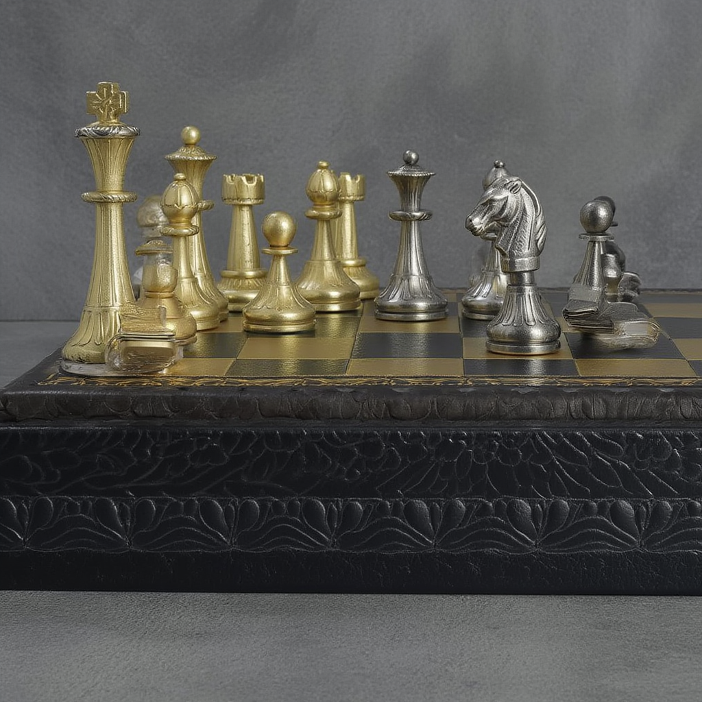 Ensemble d'Échecs en Métal Doré et Argenté avec Échiquier en Cuir