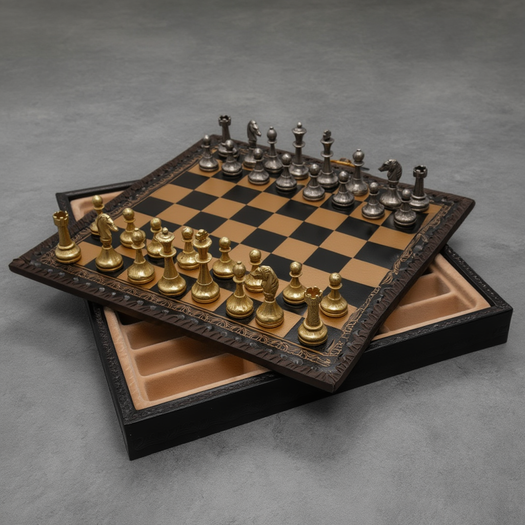 Ensemble d'Échecs en Métal Doré et Argenté avec Échiquier en Cuir