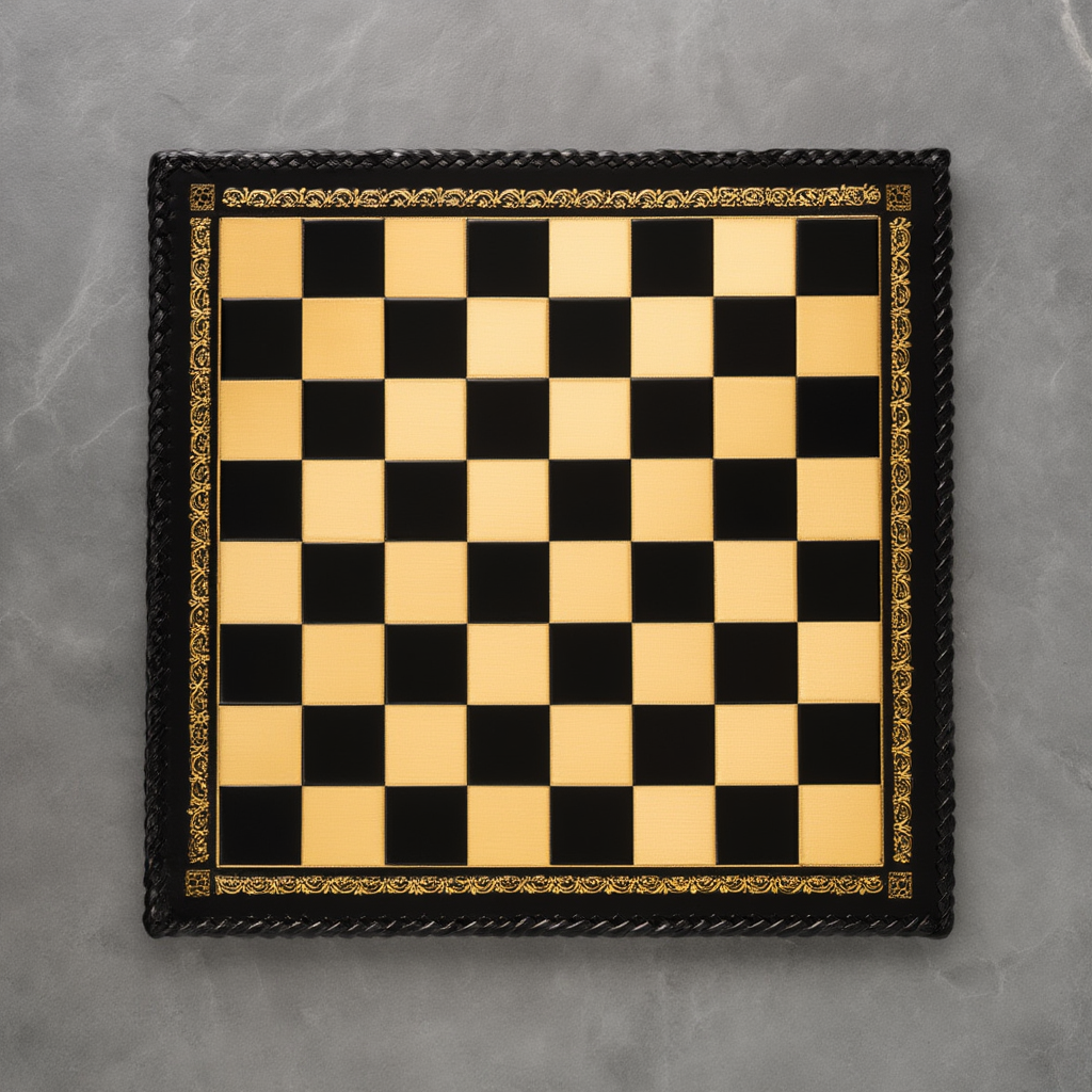 Ensemble d'Échecs en Métal Doré et Argenté avec Échiquier en Cuir