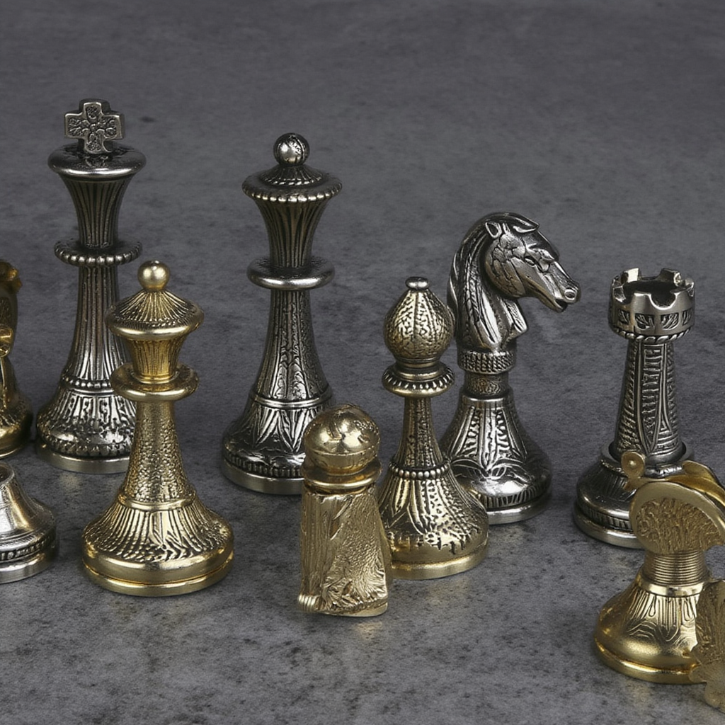 Ensemble d'Échecs en Métal Doré et Argenté avec Échiquier en Cuir