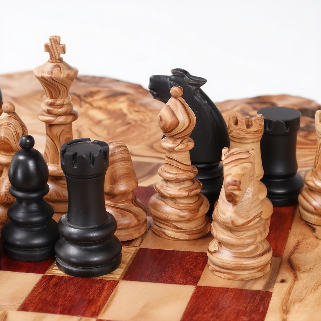 Jeu D'Échecs En Bois D'Olivier Avec Cases Rouges | Élégance Artisanale Pour Décoration 4