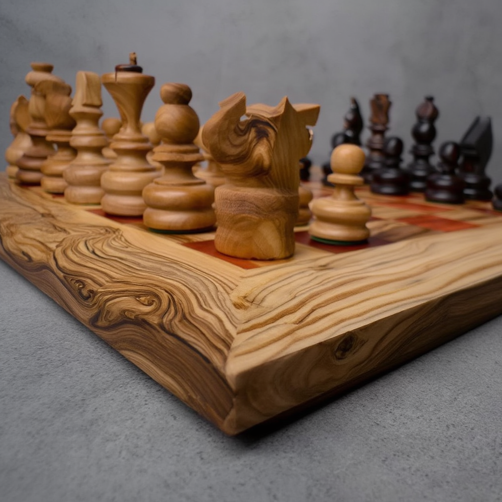 Échiquier Pliable en Bois d'Olivier | Compact et Élégant avec Cases Rouges pour Voyage et Décoration 4