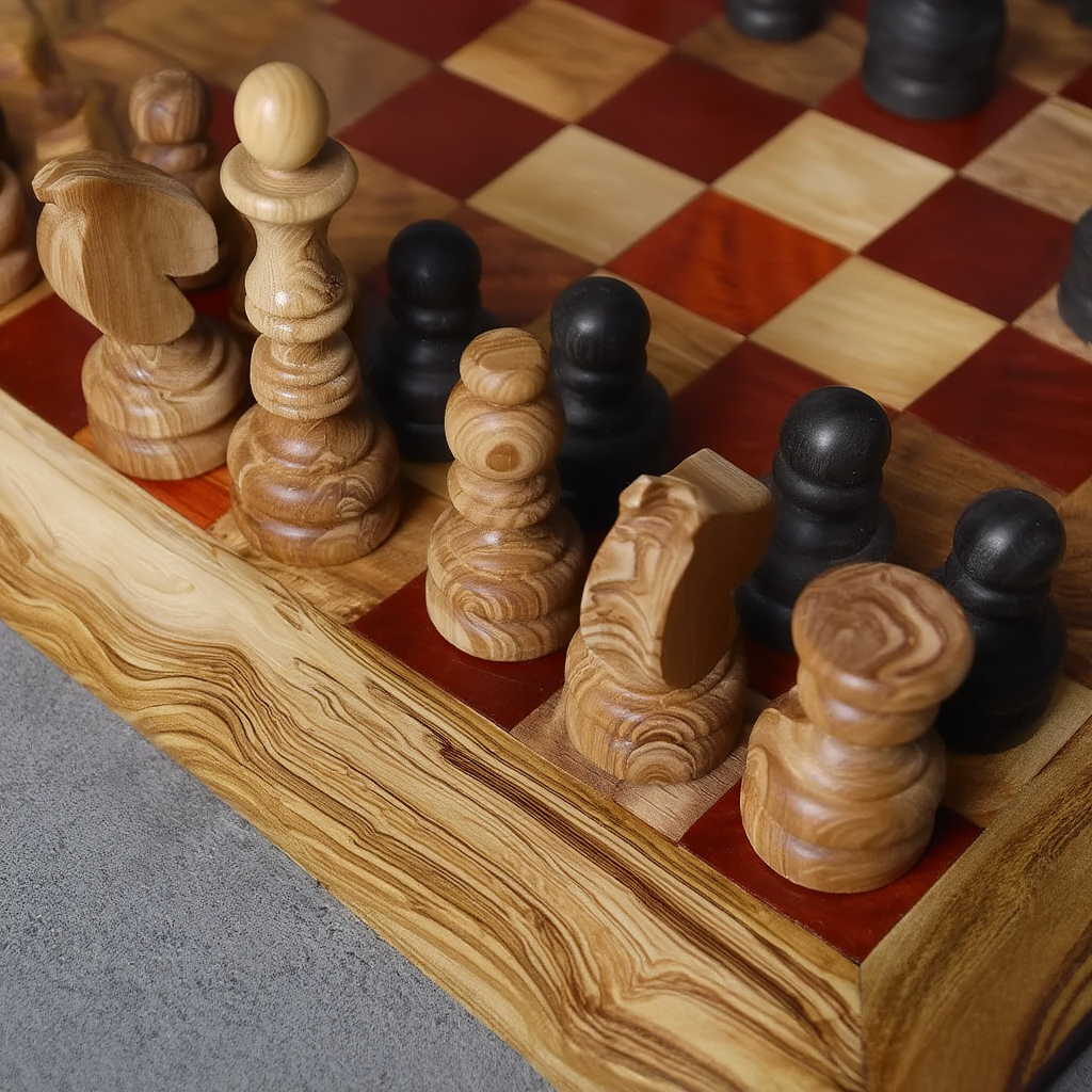 Échiquier Pliable en Bois d'Olivier | Compact et Élégant avec Cases Rouges pour Voyage et Décoration 2