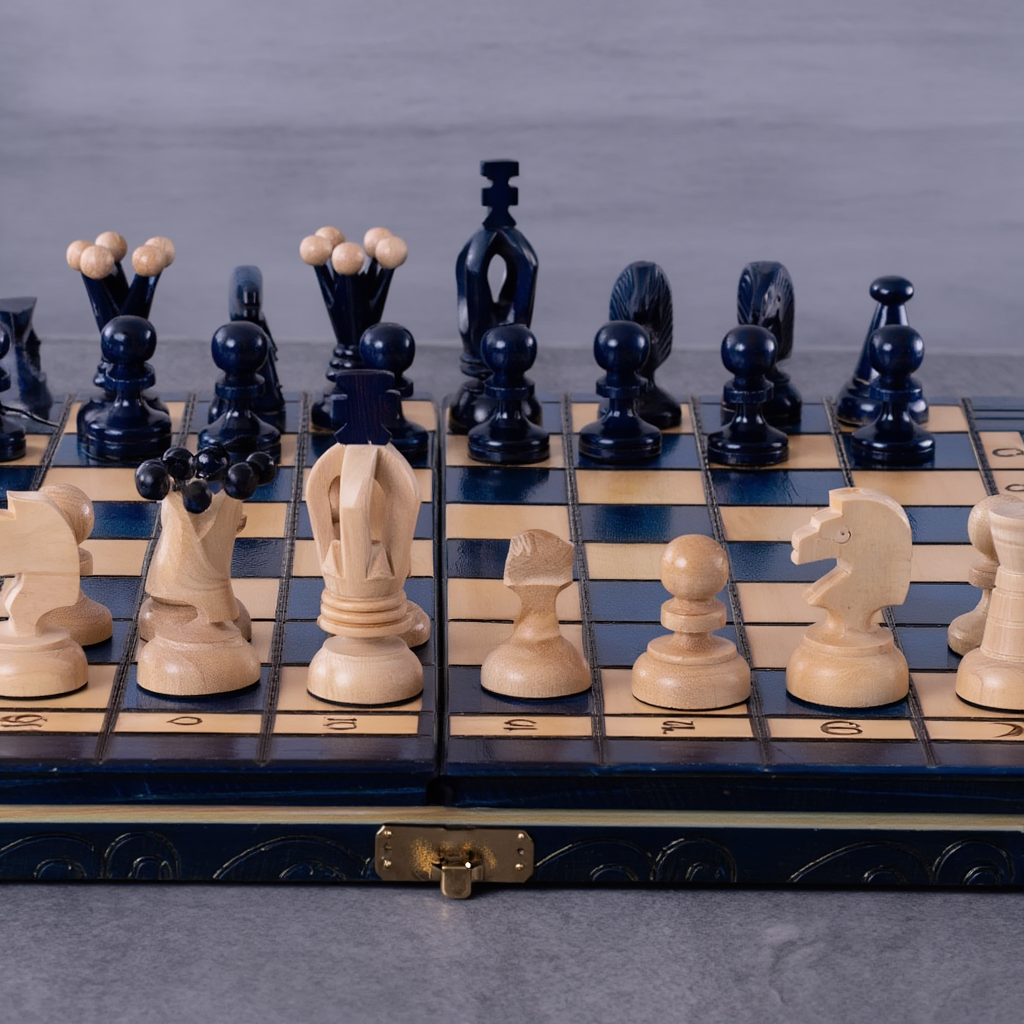 Échiquier en Bois de Charme | Ensemble d'Échecs Bleu Myrtille avec Finition Élégante